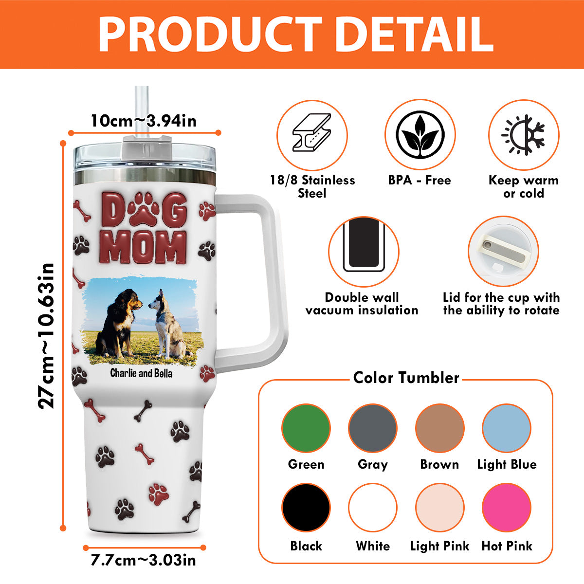 Charming Dog Mama Personalized 3D Inflated Effect Printed 40 Oz Stainless Steel Tumbler - Ideal Custom Gift