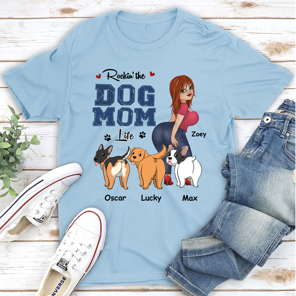 Customizable Dog Mom Blue Denim Personalized Unisex 5.3 oz T-shirt - Ideal Gift for Pet Lovers