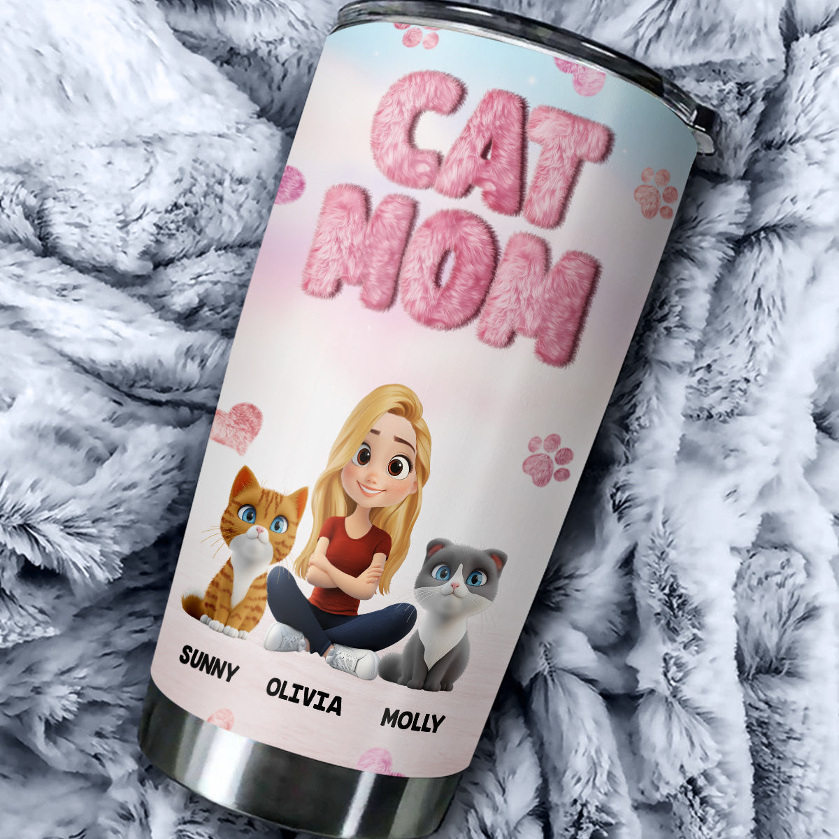 Fluffy Cat Mom - Premium Personalized Custom Stainless Steel Tumbler with 3D Inflated Effect Print