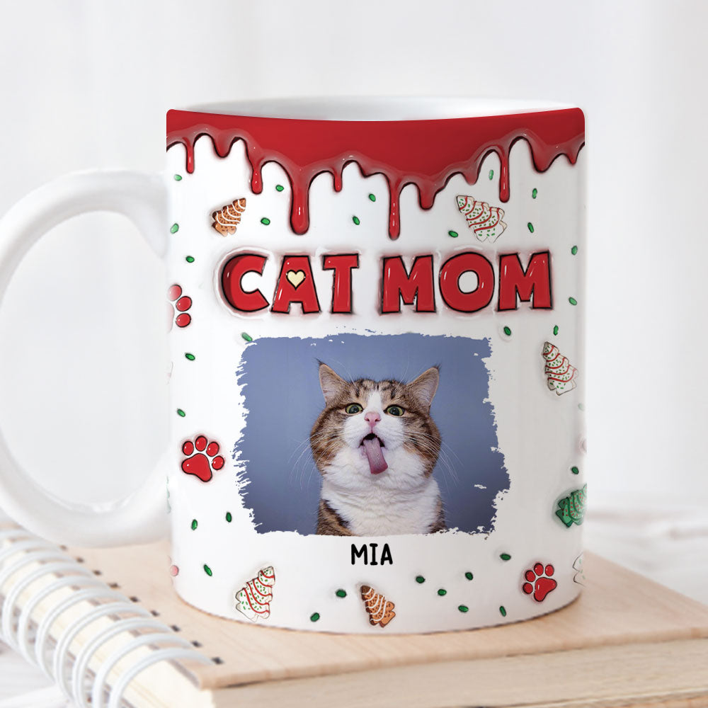 Personalized Custom 3D Inflated Effect Cat Mom Christmas Cake Photo Mug - 11oz & 15oz