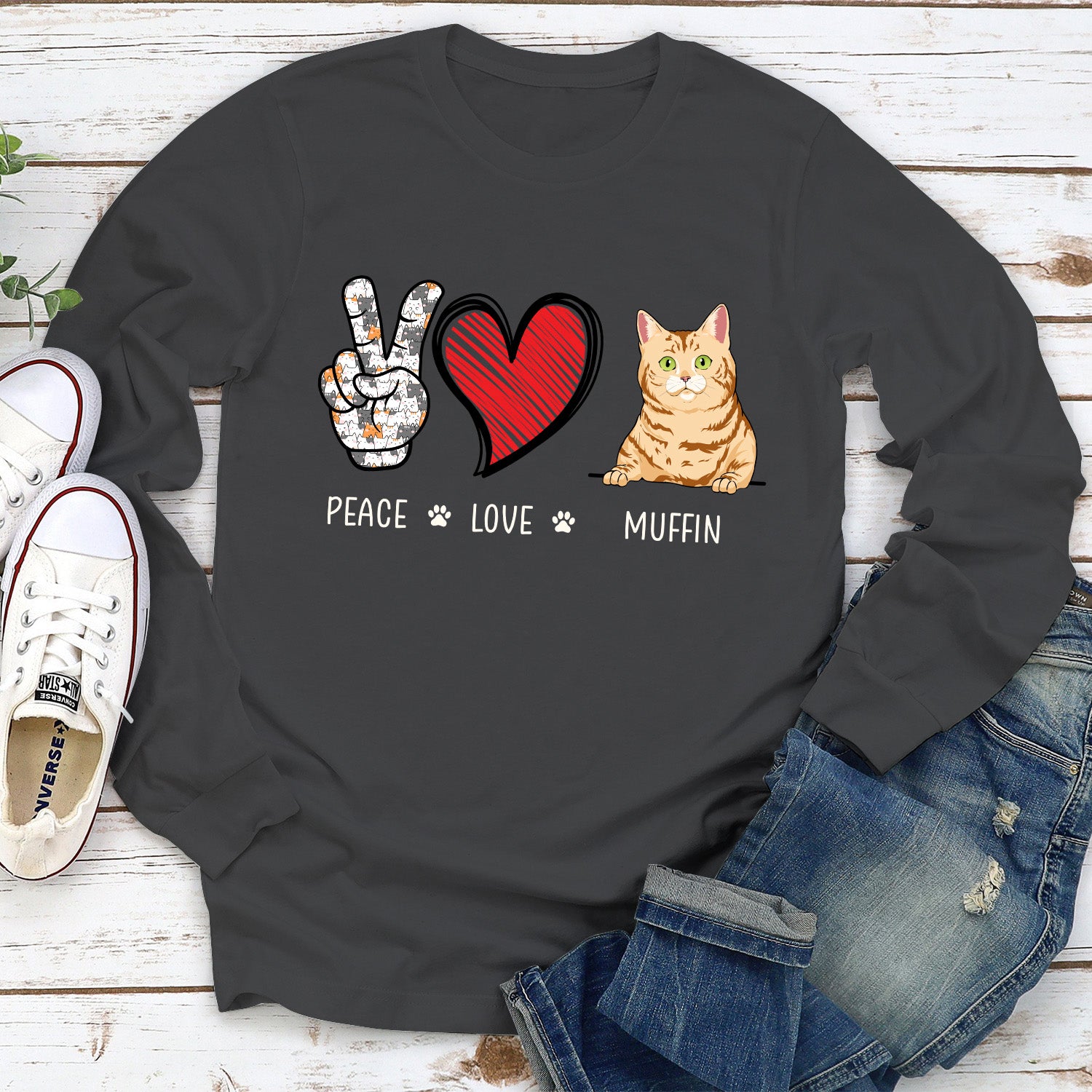 Peace Love Cat - Customizable Personalized Long Sleeve Unisex T-shirt for Pet Lovers
