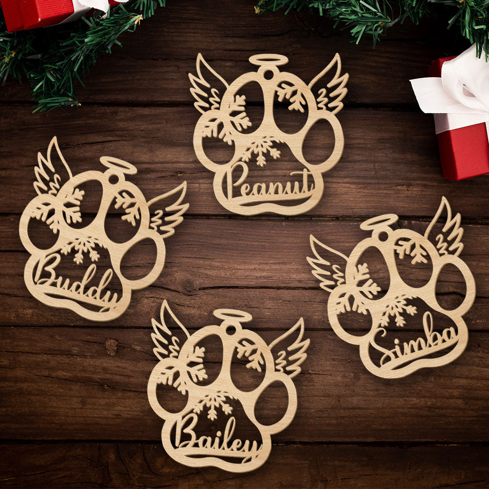 Personalized Custom 1 - Layered Dog Paw And Wings Wood Christmas Ornament for Pet Lovers