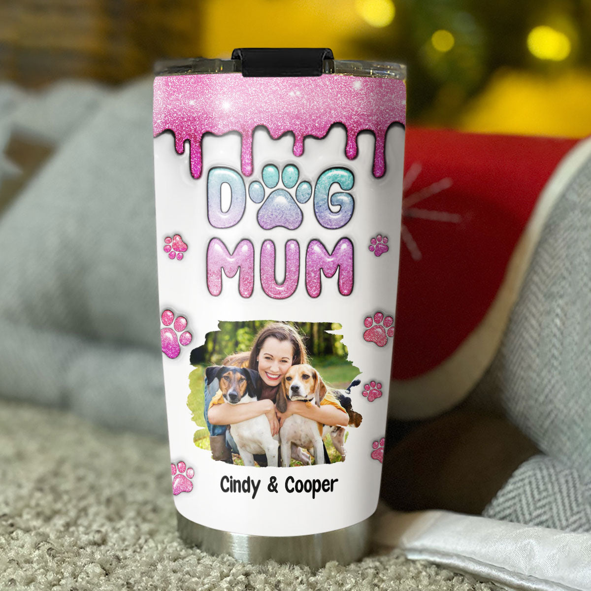 Unique Personalized Custom 3D Inflated Effect Dog Mom Glitter Photo Tumbler