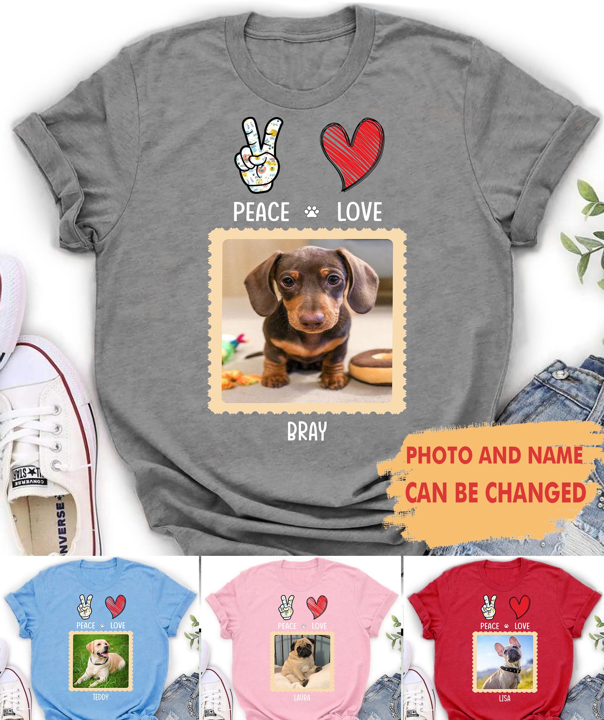 Peace Love Dog - Personalized Custom Photo Premium Unisex 4.2 oz T-Shirt for Pet Lovers