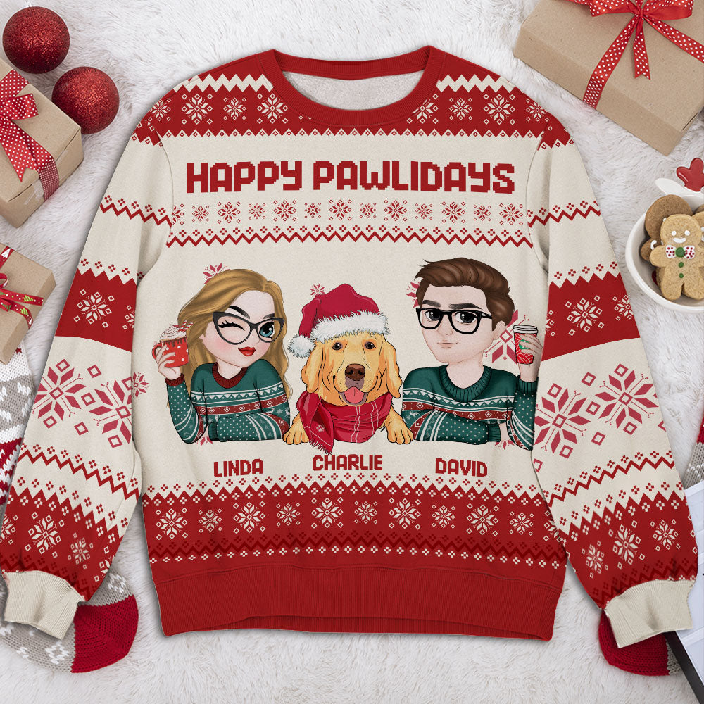 Happy Pawlidays Couple - Personalized Custom All-Over-Print Polyester Blend Unisex 8.8 oz Sweatshirt for Pet Lovers