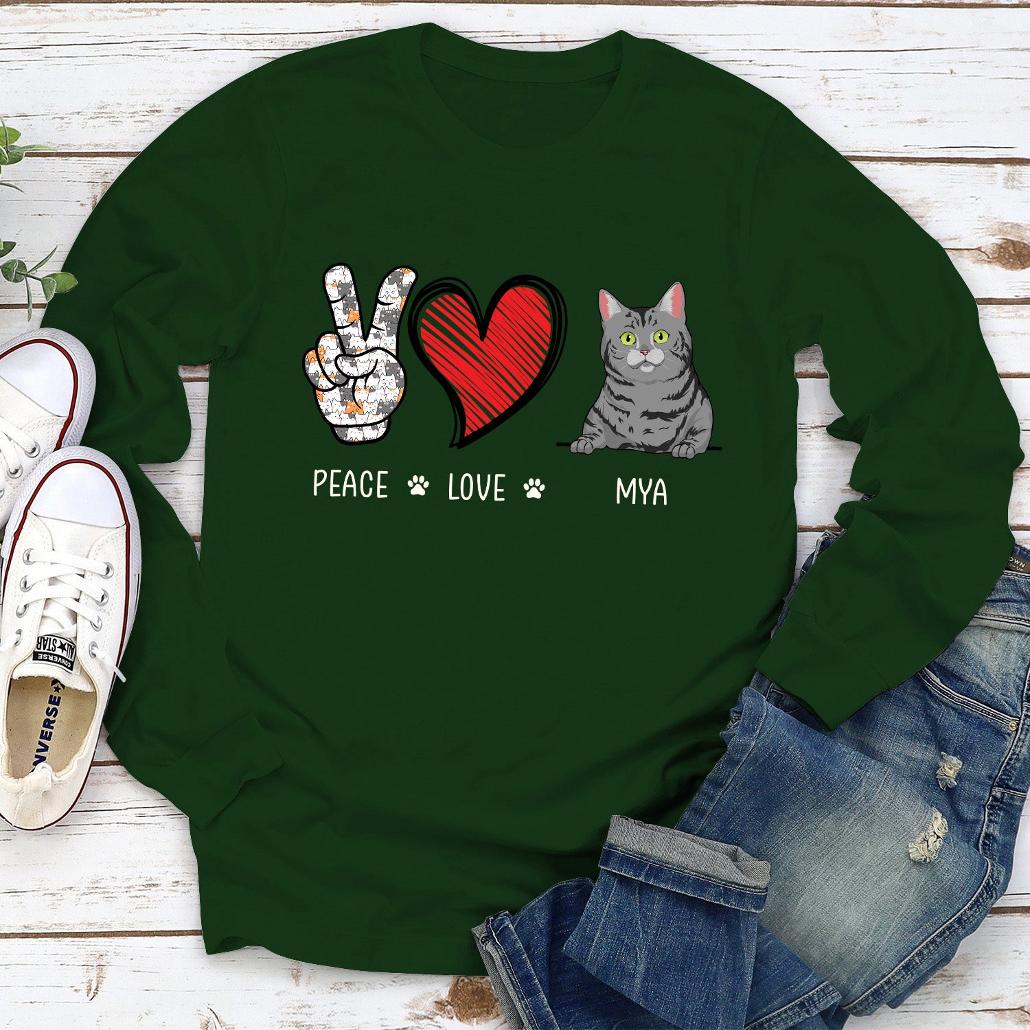 Peace Love Cat - Customizable Personalized Long Sleeve Unisex T-shirt for Pet Lovers