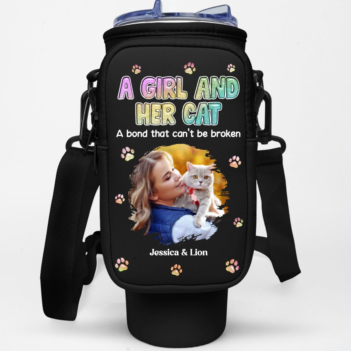 Personalized Custom Water Bottle Carrier Bag with A Girl And Her Cat Photo - Ideal for 40oz Tumblers
