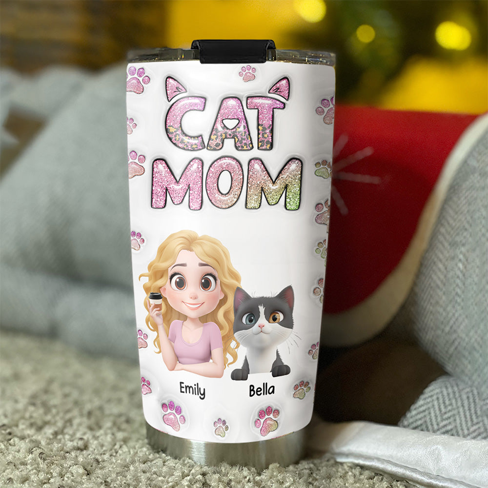 Adorable Cat Mom Chibi Version 2 Personalized Custom 3D Inflated Effect 20oz Stainless Steel Tumbler