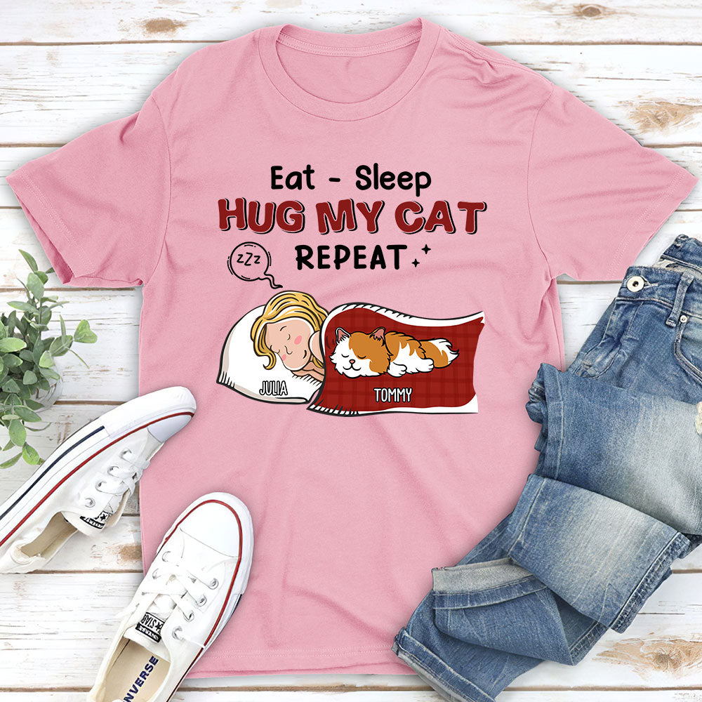 Eat Sleep Hug Cat Repeat - Customizable Unisex 5.3 oz Personalized T-shirt for Pet Lovers