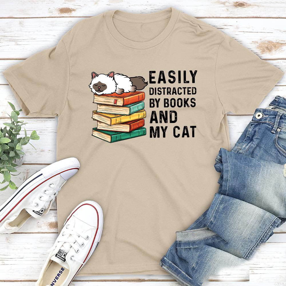 Easily Distracted By Books & Cats - Personalized Custom Unisex T-shirt: Ideal Gift for Pet Lovers