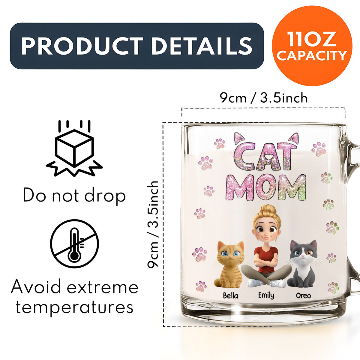 Cat Mom Charming Personalized 3D Inflated Effect Custom Glass Mug - Lovely Chibi Style