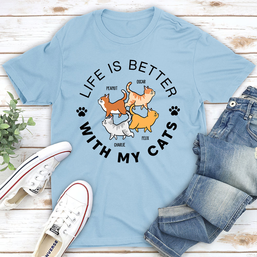 Life Is Better Walking Cat - Customizable Personalized Unisex 5.3 oz T-shirt