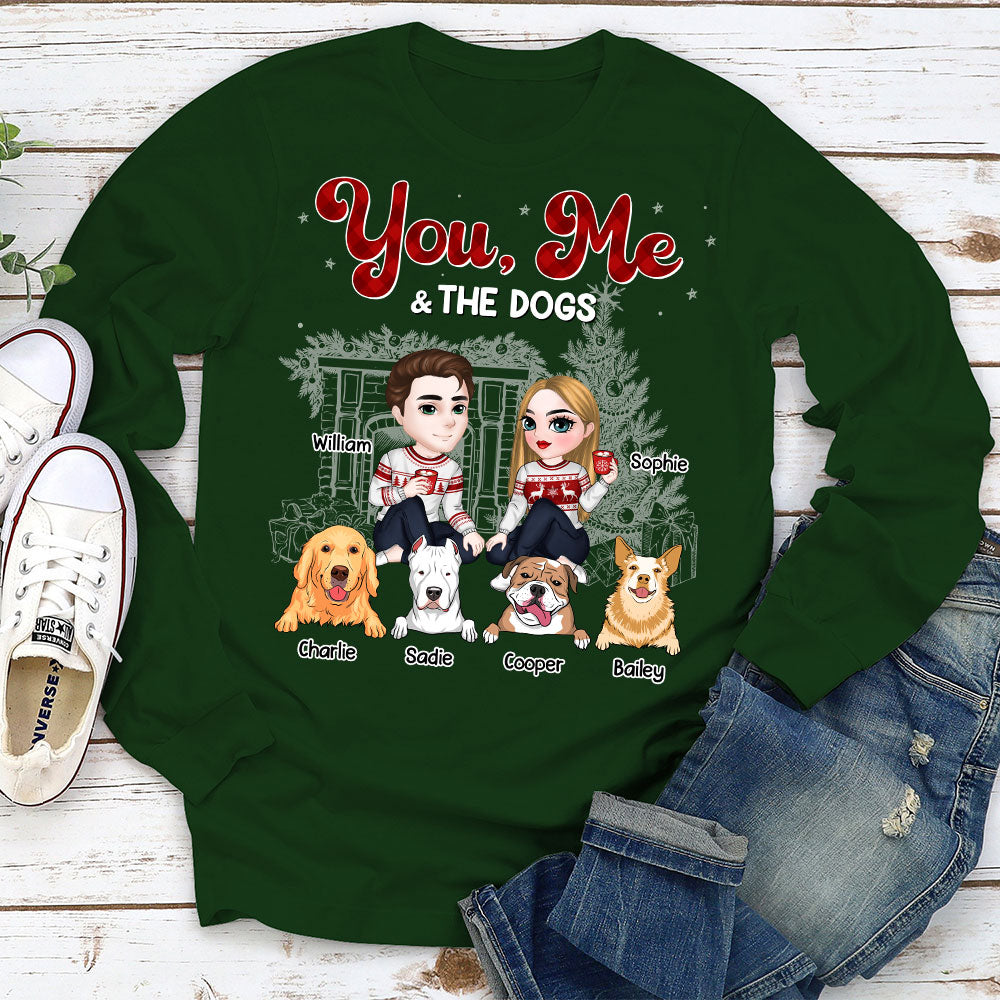 Customizable Couple And Their Dogs Christmas Personalized Long Sleeve Unisex T-shirt