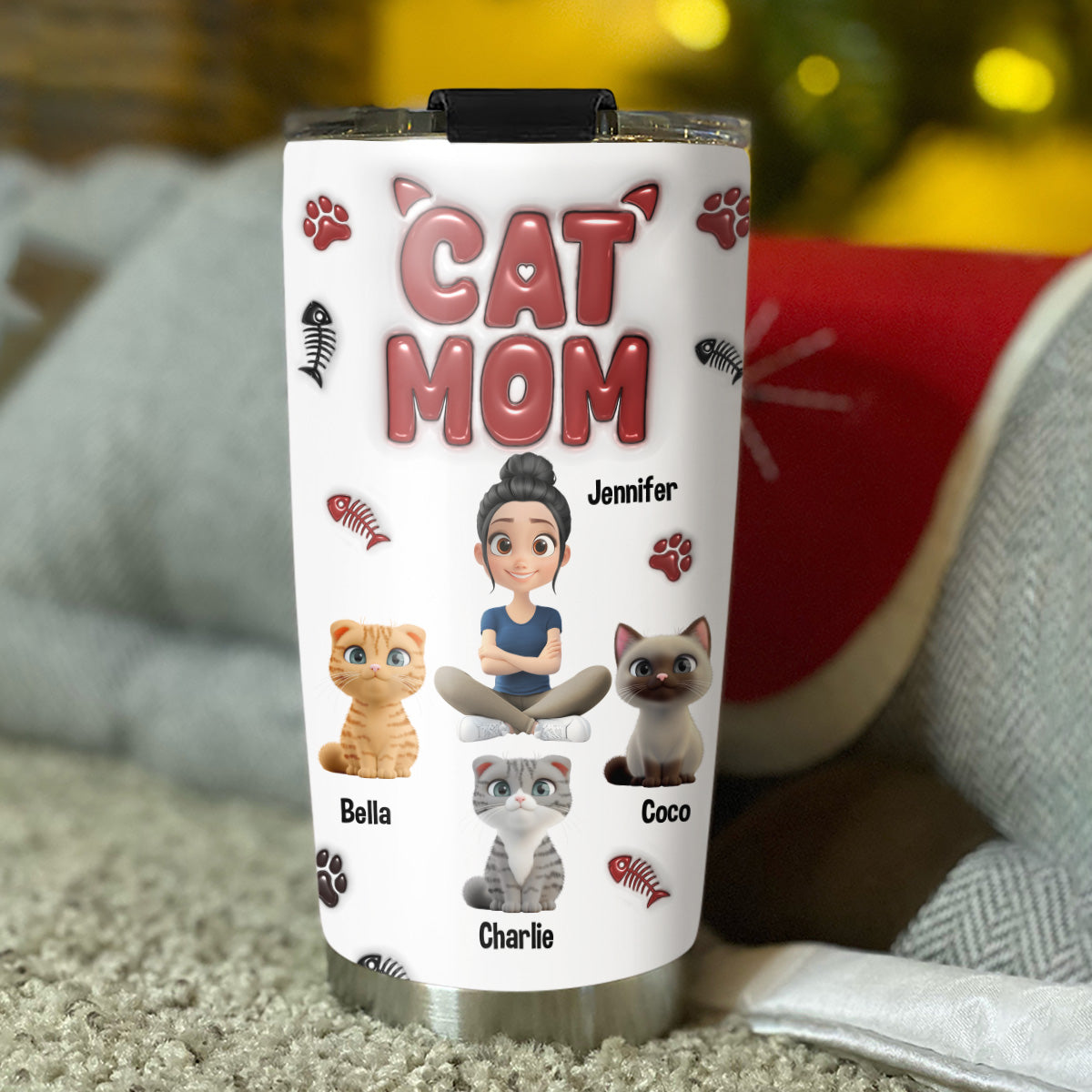 Charming Lovely Cat Mama Personalized Custom 3D Inflated Effect 20oz Stainless Steel Tumbler for All Occasions