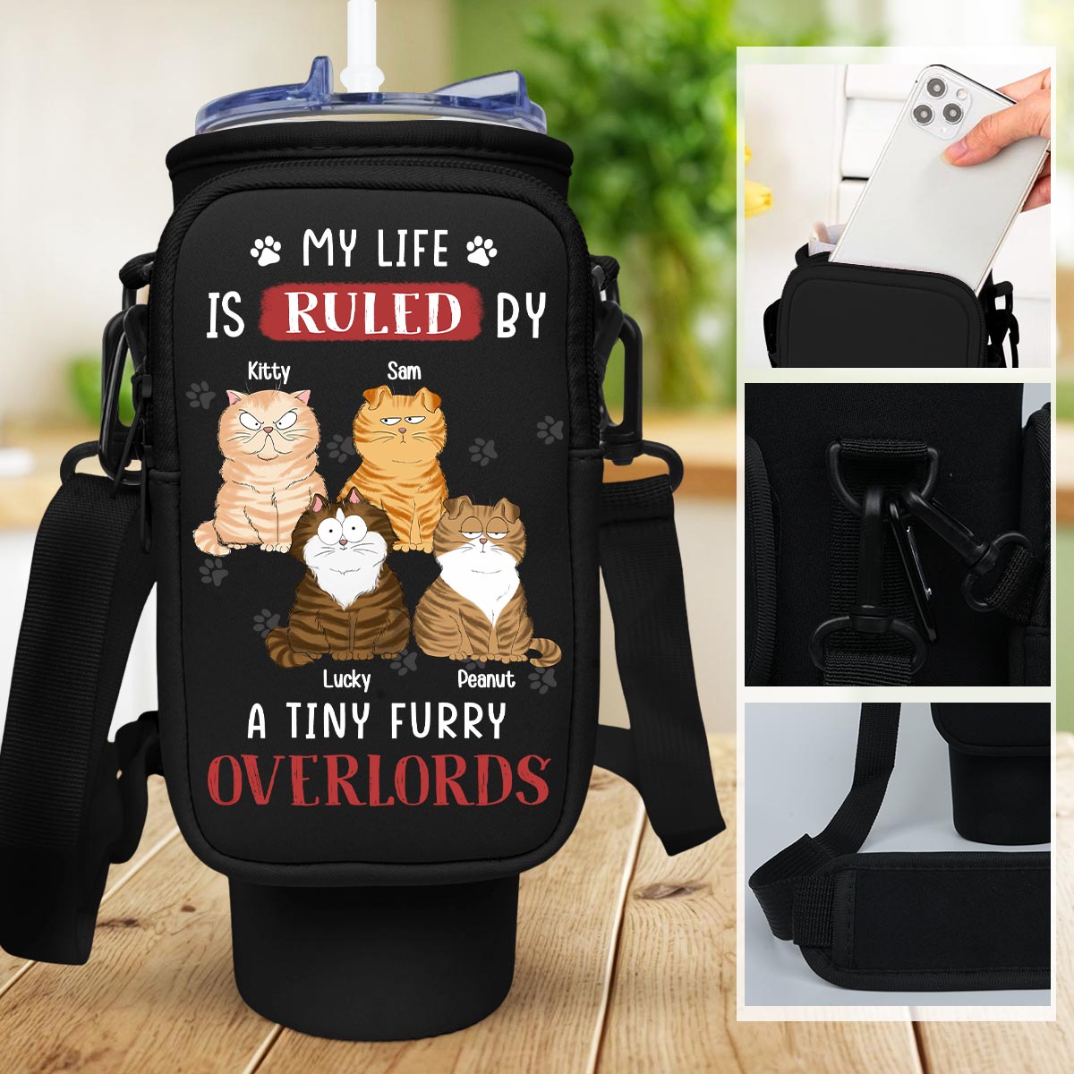 Tiny Furry Overlords - Premium Personalized Custom 40oz Water Bottle Carrier Bag for Daily Adventures
