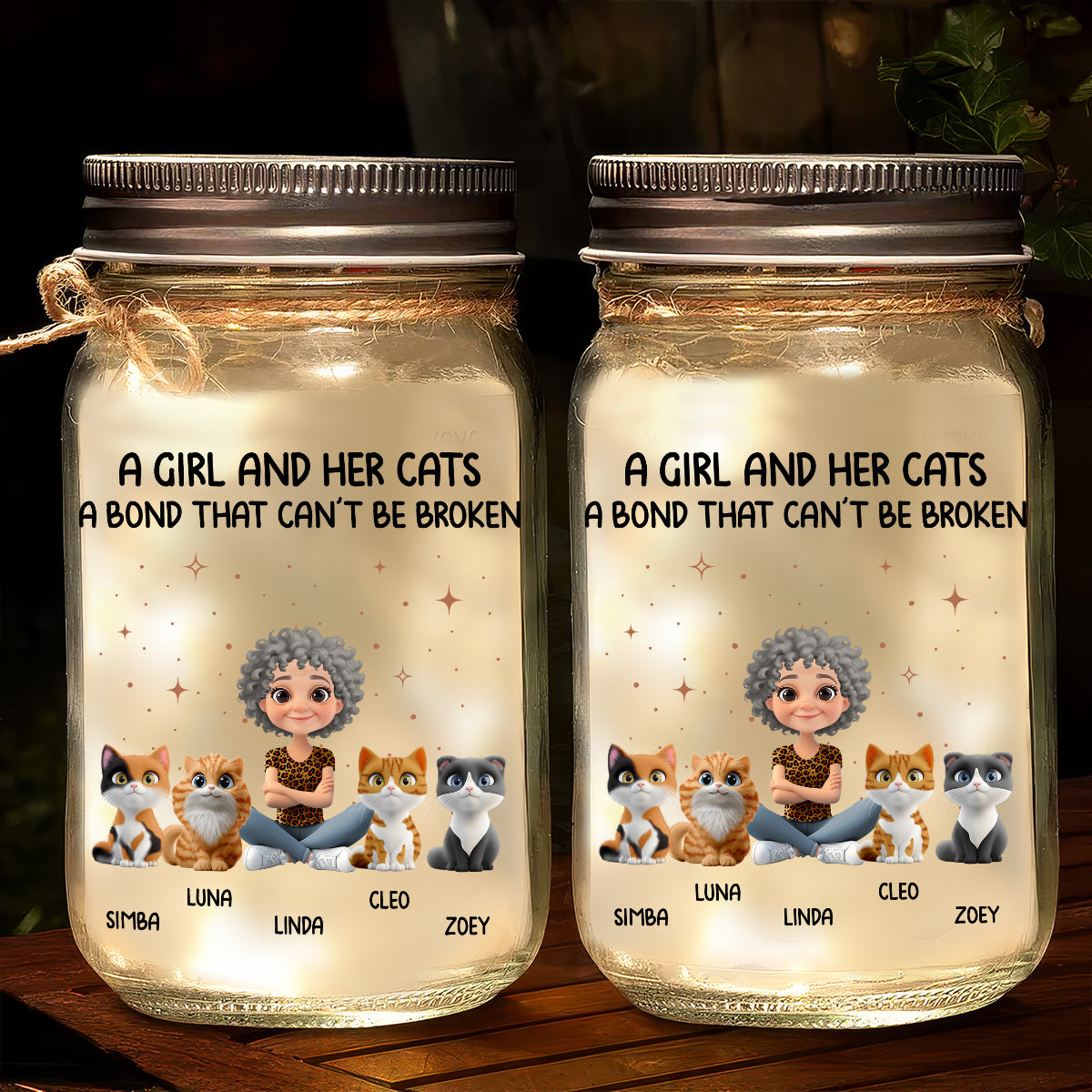 A Girl And Her Cat - 16oz Personalized Custom Mason Jar Light with Warm Starlights