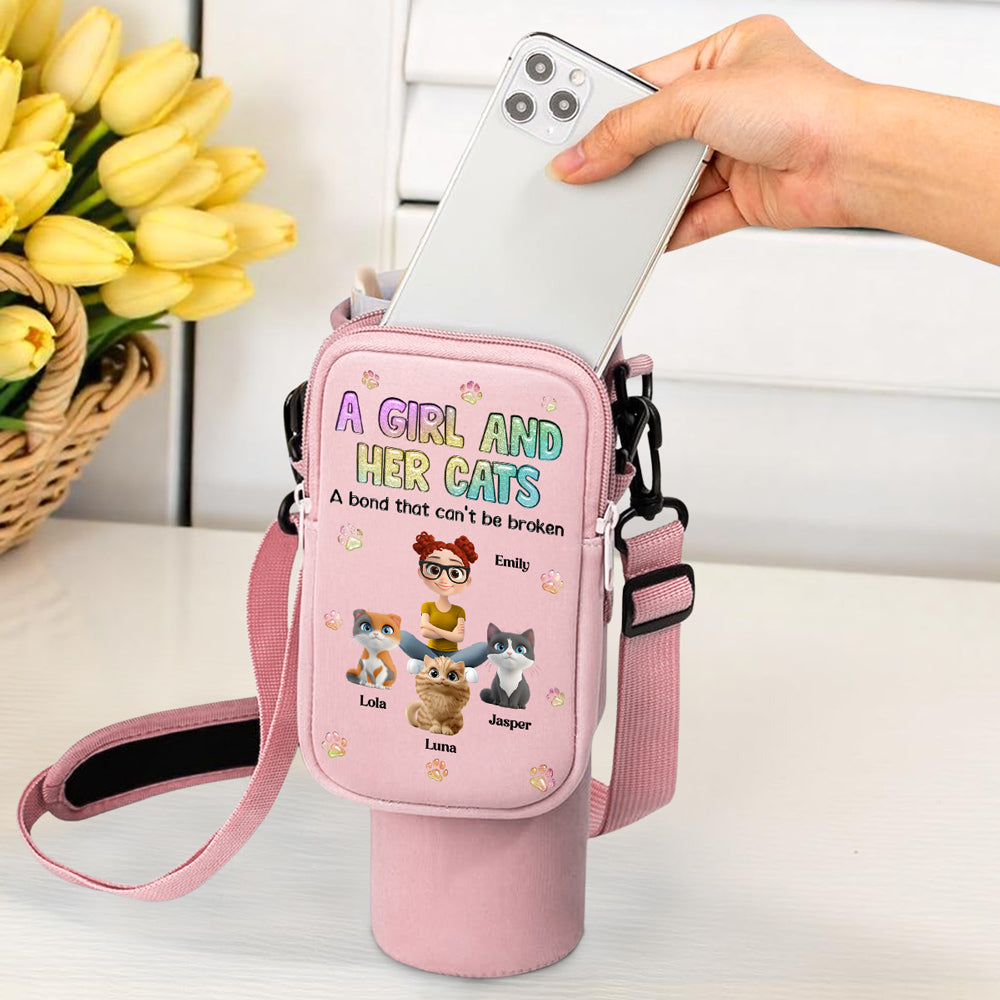 A Girl And Her Cat - Personalized Custom 40oz Tumbler or Water Bottle Carrier Bag with Detachable Pouch