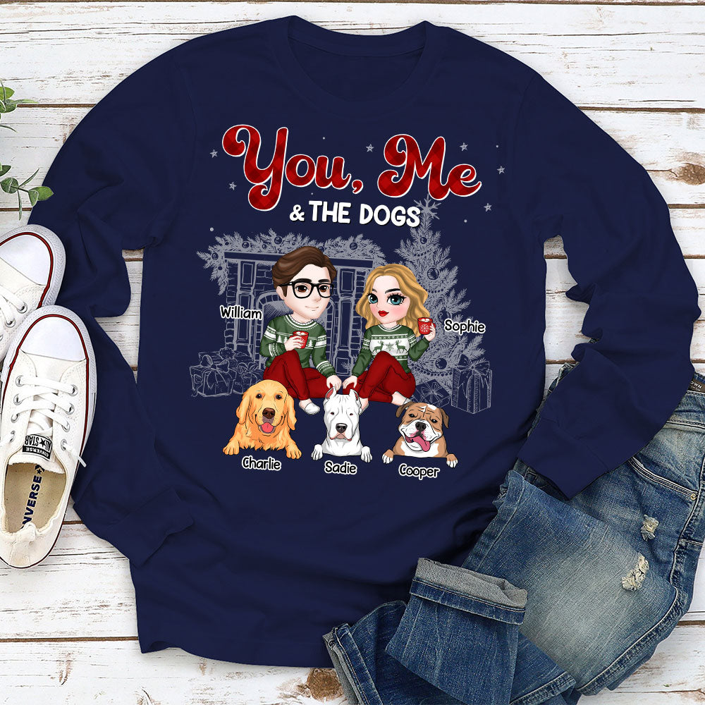Customizable Couple And Their Dogs Christmas Personalized Long Sleeve Unisex T-shirt