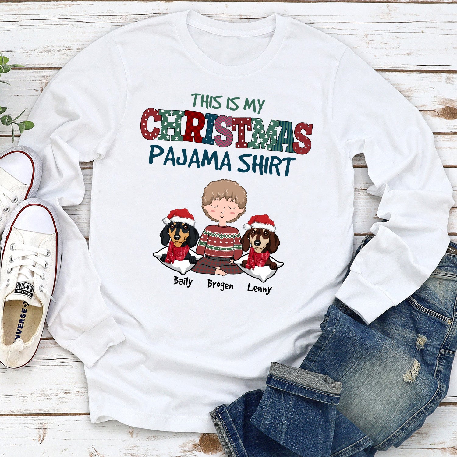 Personalized Custom Christmas Long Sleeve Pajama T-shirt for Pet Lovers