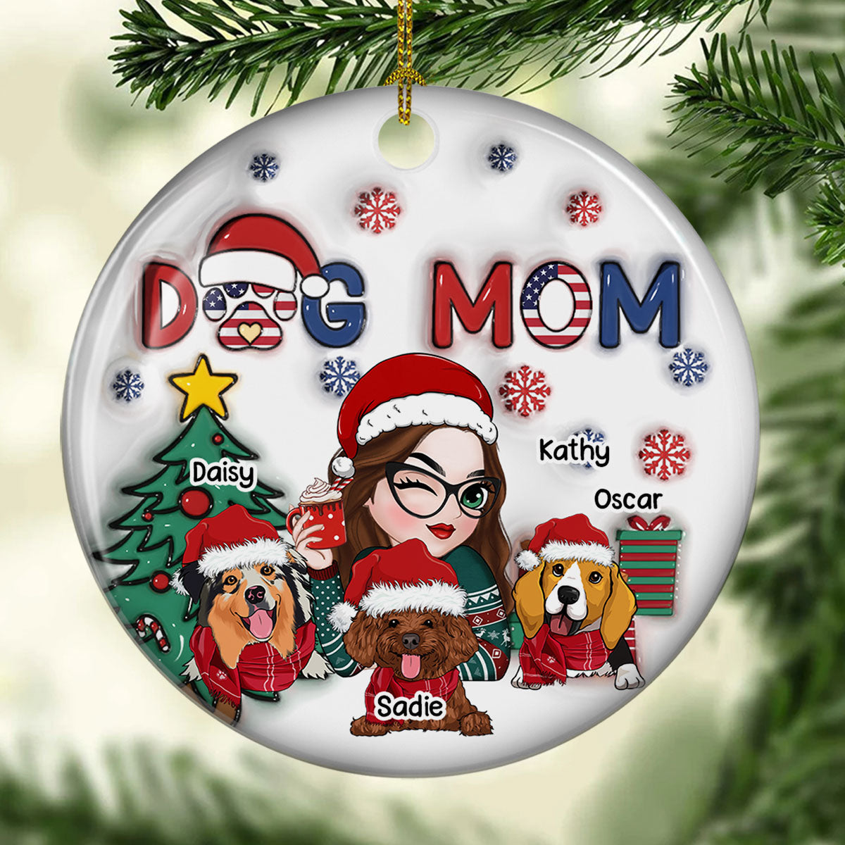 American Dog Mom Christmas - Exquisitely Personalized Custom 3D Inflated Effect Ceramic Christmas Ornament