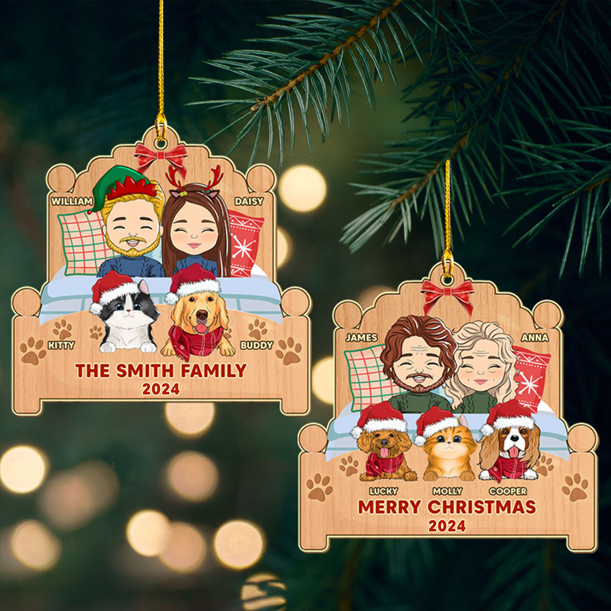 Happy Family With Pets - Exquisite Personalized Custom 1 - layered Wood Christmas Ornament