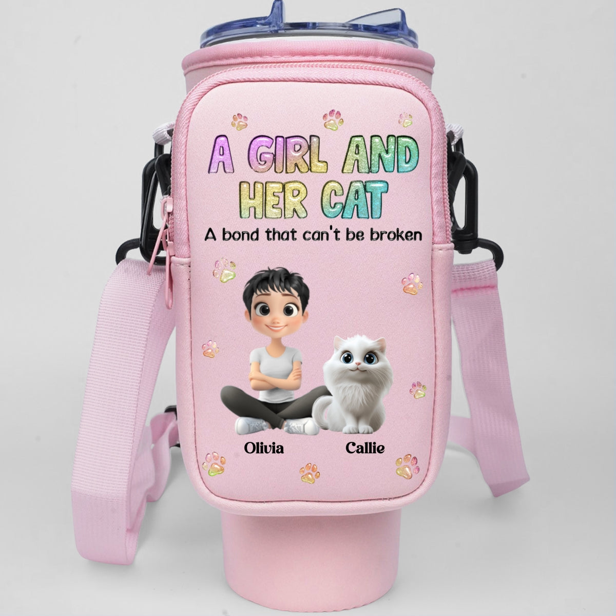 A Girl And Her Cat - Personalized Custom 40oz Tumbler or Water Bottle Carrier Bag with Detachable Pouch