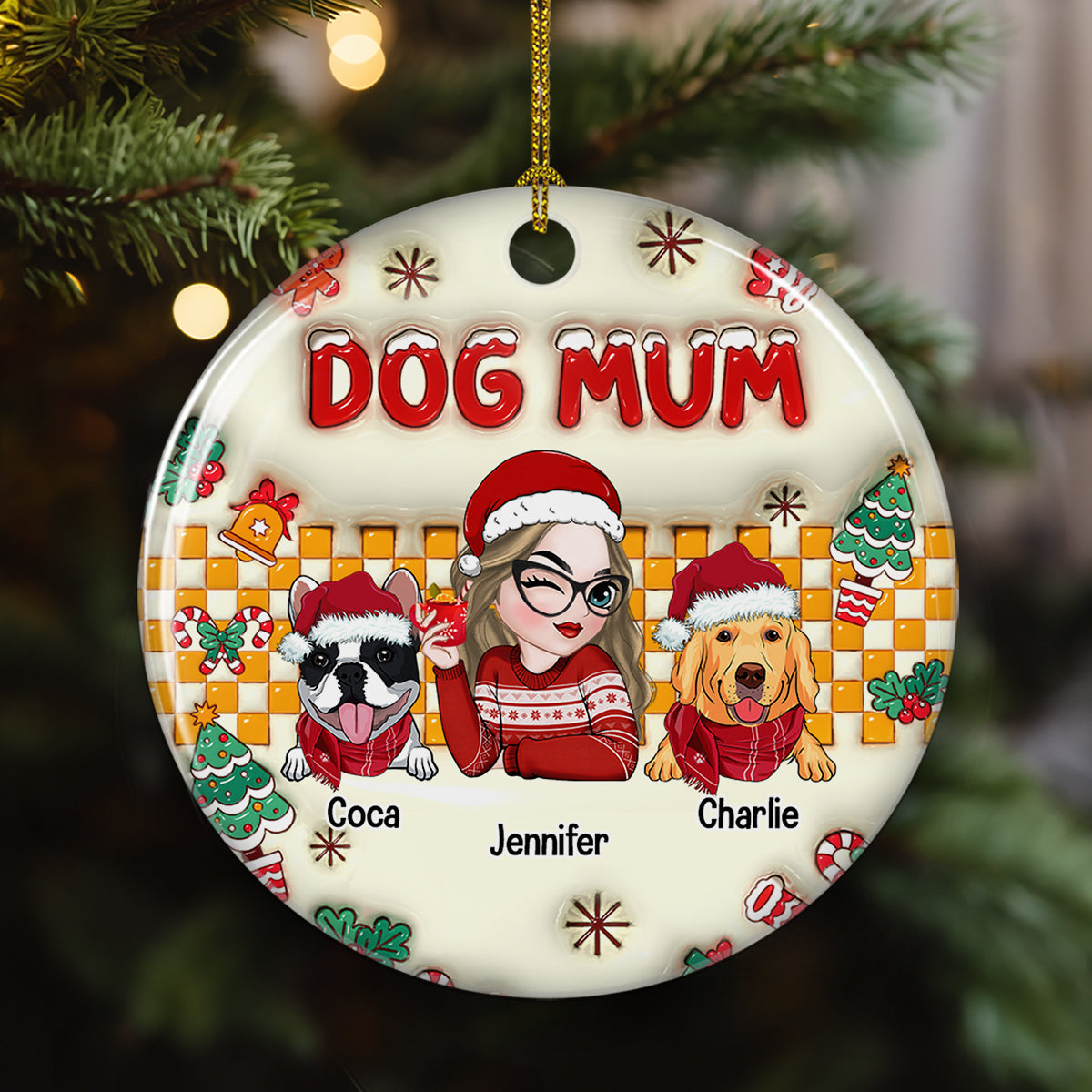 Unique Personalized Dog Mom Snow 3D Inflated Effect Ceramic Christmas Ornament