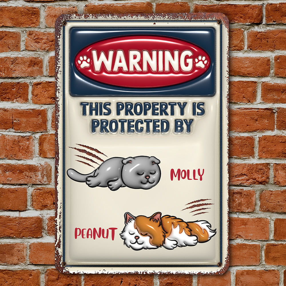 Personalized Custom 3D Inflated Effect Metal Sign - Property Is Protected By Cats, Ideal for Home and Office Decor