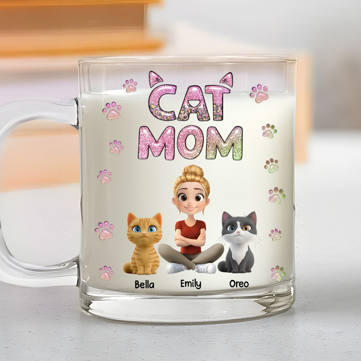 Cat Mom Charming Personalized 3D Inflated Effect Custom Glass Mug - Lovely Chibi Style
