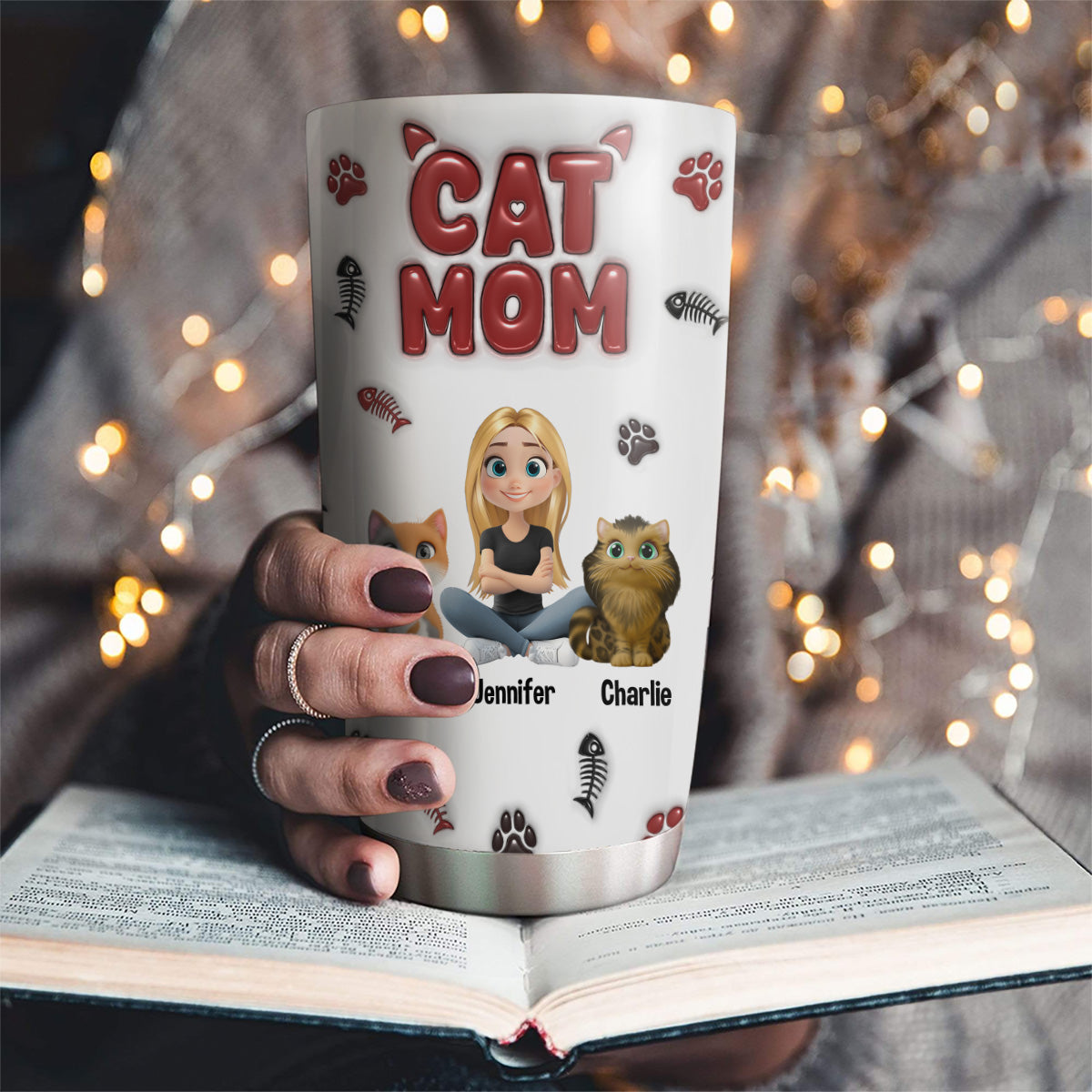 Charming Lovely Cat Mama Personalized Custom 3D Inflated Effect 20oz Stainless Steel Tumbler for All Occasions