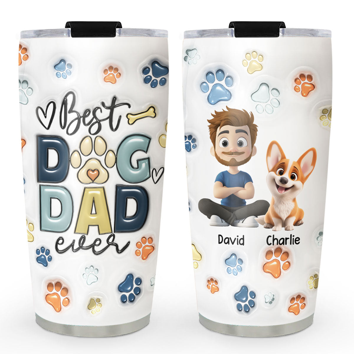 Best Dog Dad - Personalized Custom 3D Inflated Effect Stainless Steel 20oz Tumbler with BPA-Free Lid