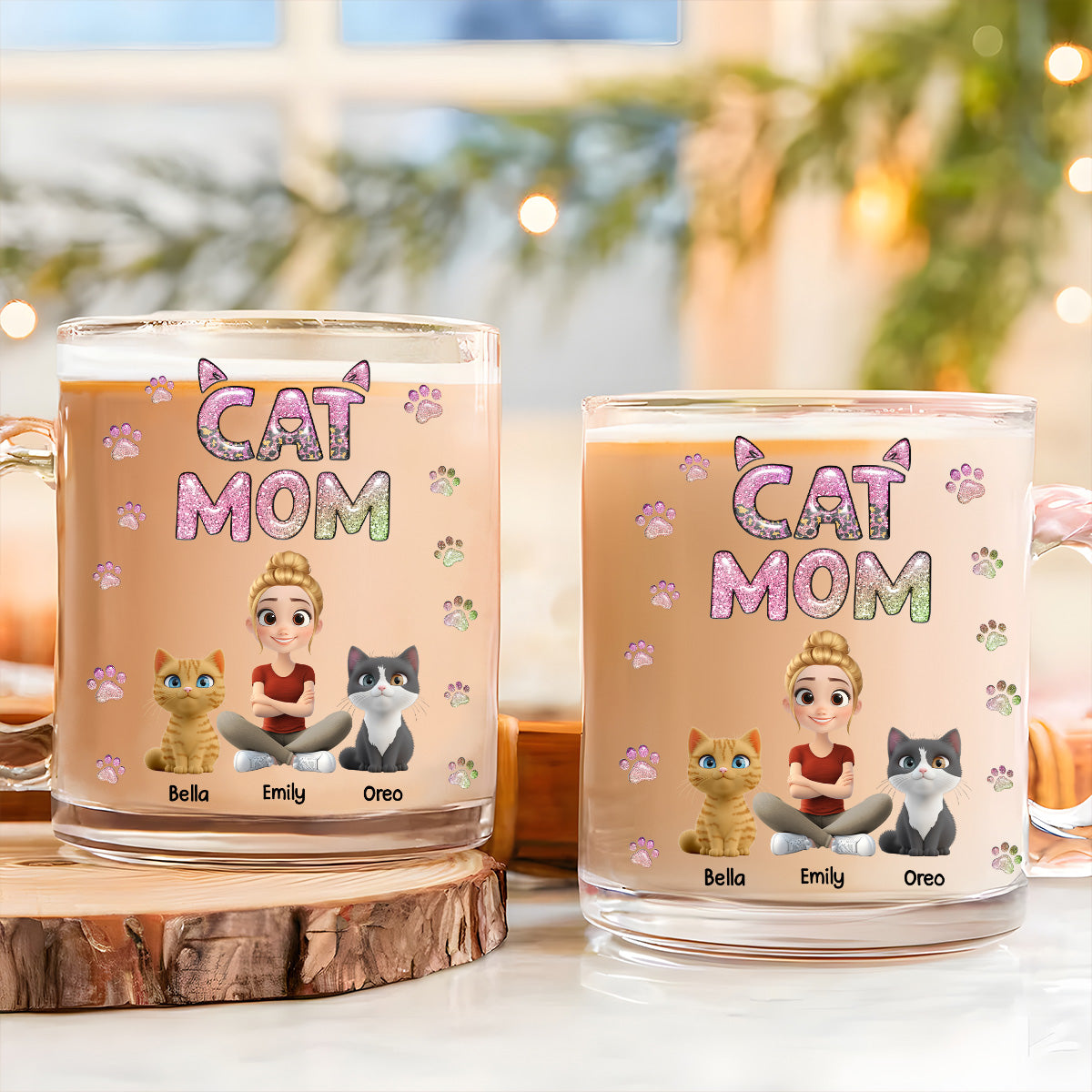 Cat Mom Charming Personalized 3D Inflated Effect Custom Glass Mug - Lovely Chibi Style