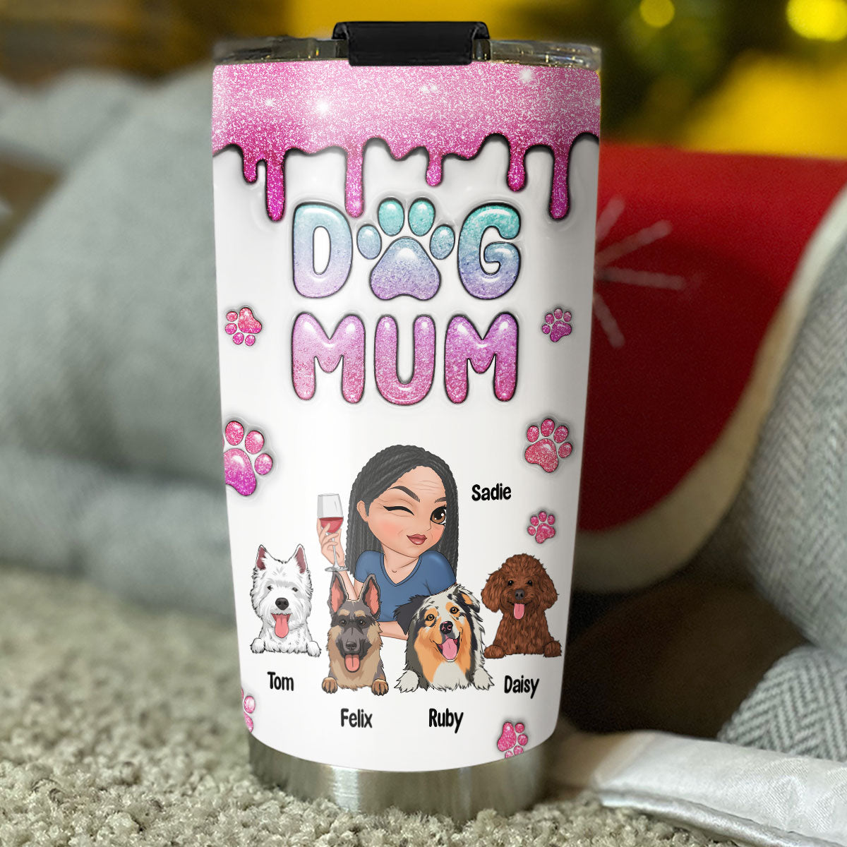 Dog Mom Glitter - Personalized Custom 3D Inflated Effect 20oz Stainless Steel Tumbler with Thousands of Cool Designs