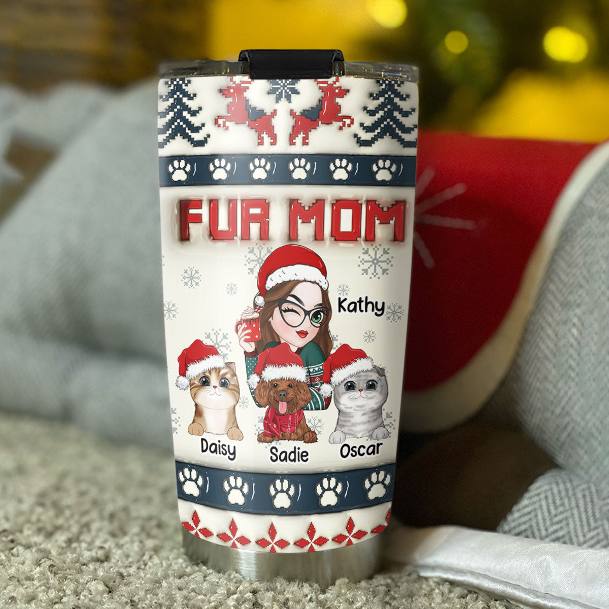 Fur Mom Pixel - Unique Personalized Custom 3D Inflated Effect 20oz Stainless Steel Tumbler