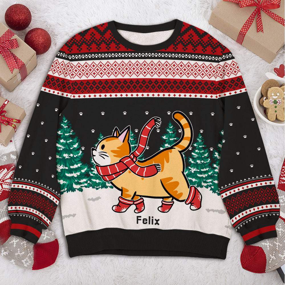 Adorable Cat Walking In Snow - Personalized Custom All-Over-Print Unisex Kids Sweatshirt