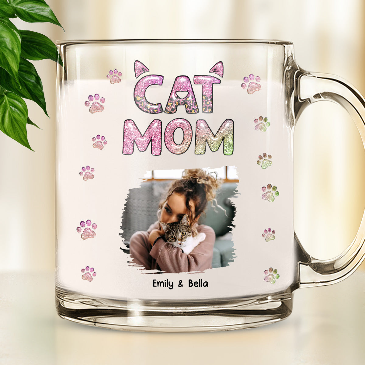 Cat Mom Charming Chibi Version Personalized Custom 3D Inflated Effect Glass Mug for Memorable Gifts