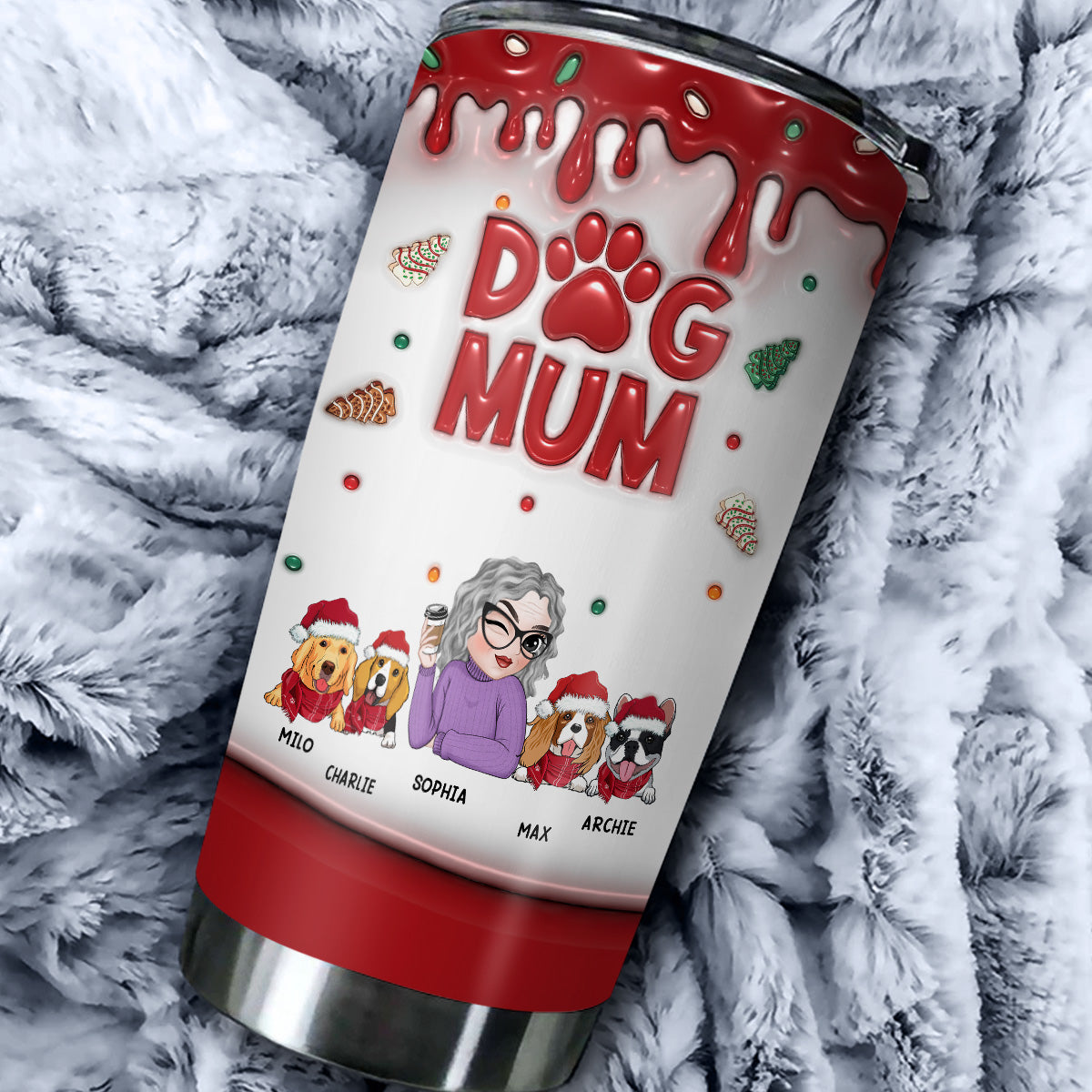 Dog Mom's Enchanting Christmas Cake - Personalized Custom 3D Inflated Effect 20oz Tumbler for All Occasions