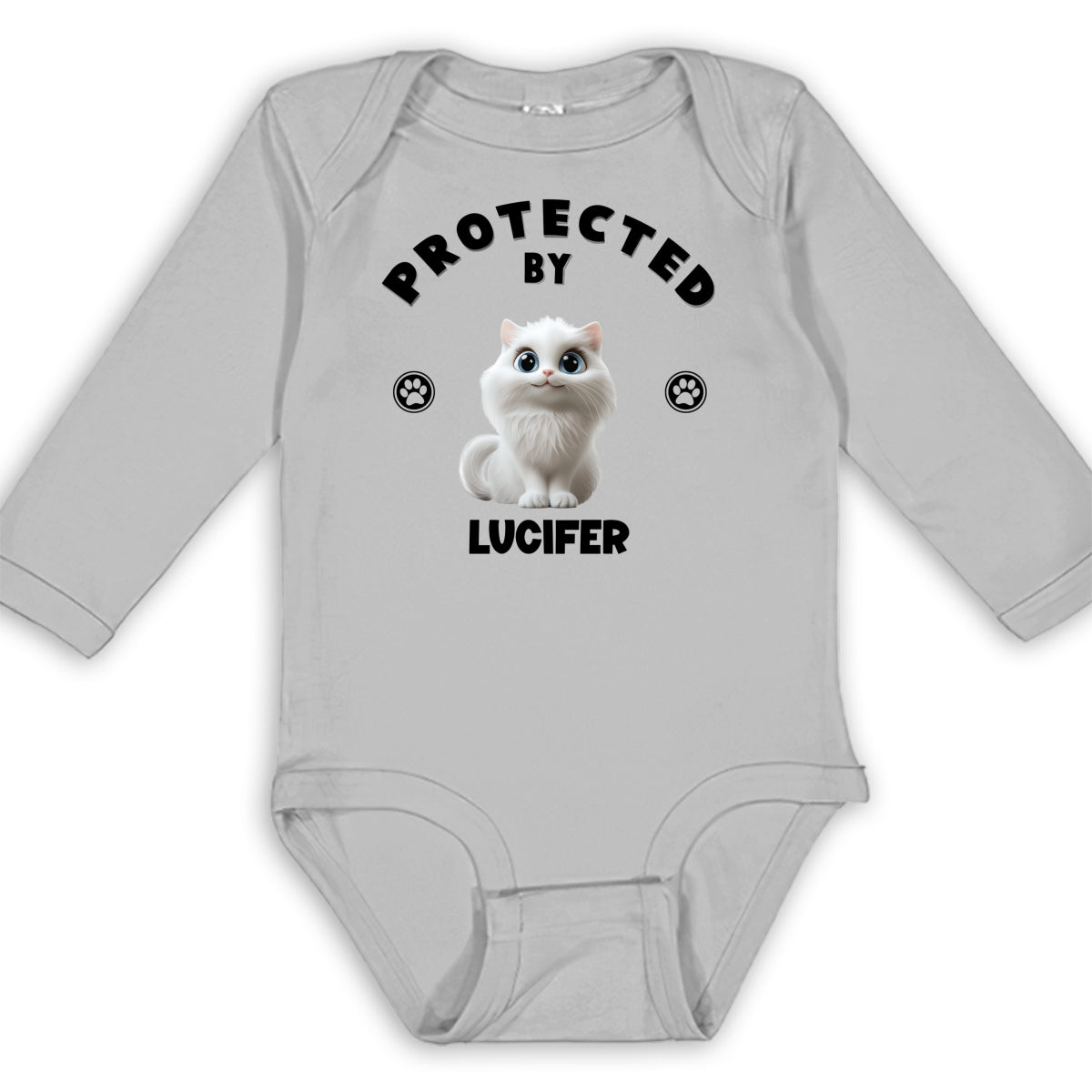 Adorable Personalized Custom Long Sleeve Baby Onesie with Human Protected By Cats Design