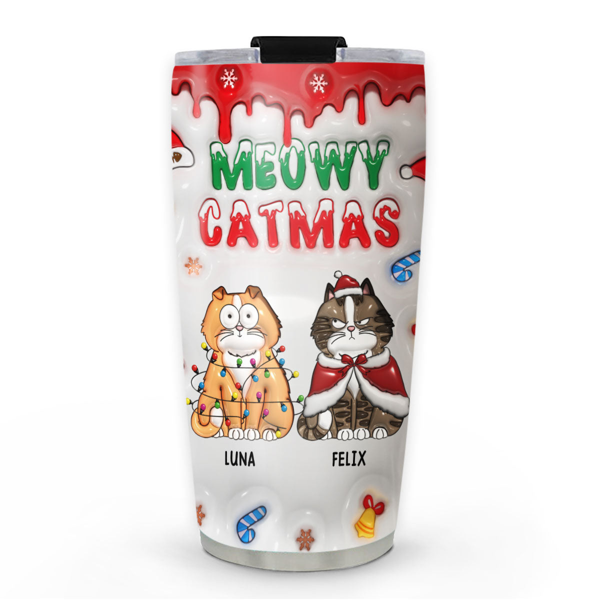 Meowy Christmas Personalized 3D Inflated Effect 20oz Custom Tumbler for Cold & Hot Drinks