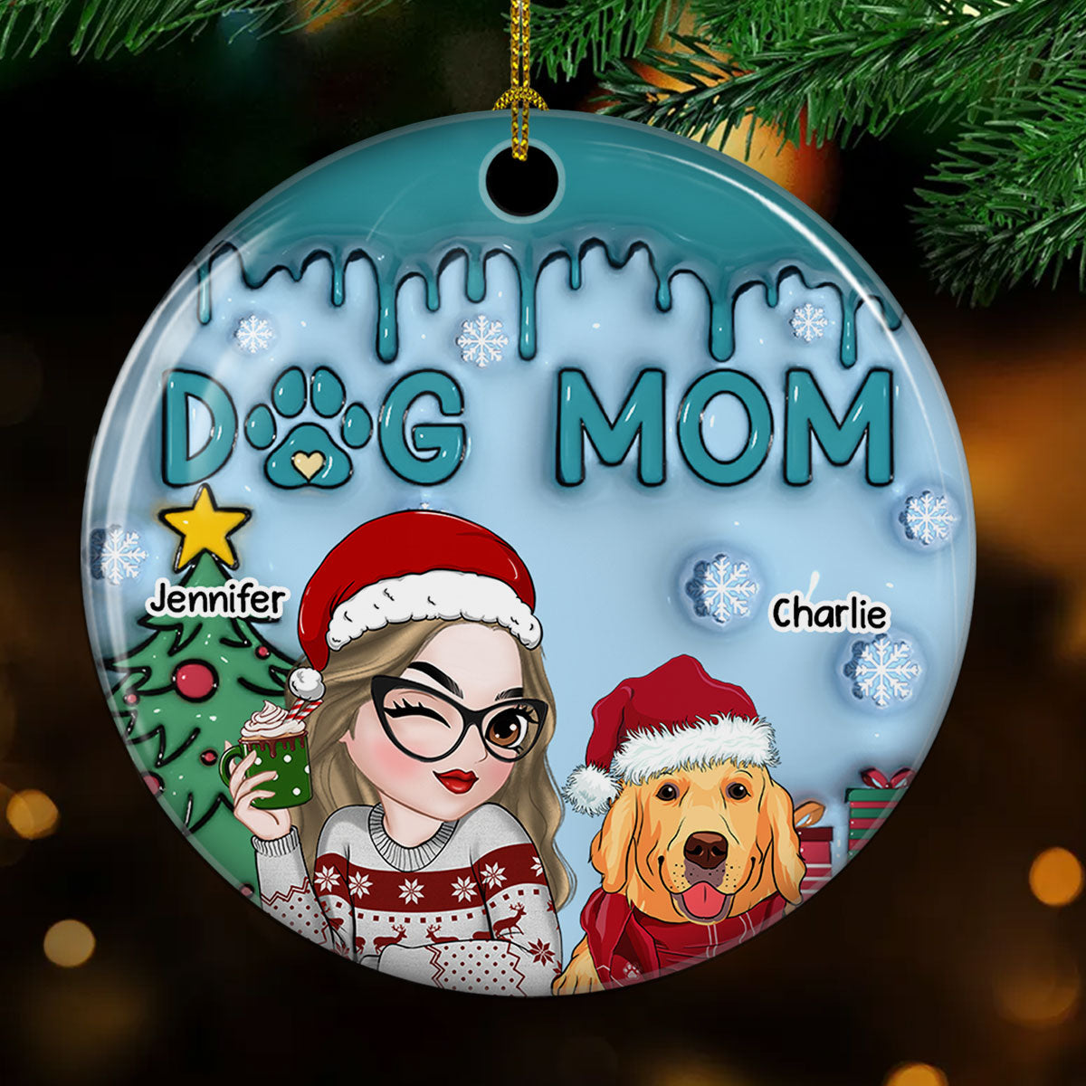 Exquisite Lovely Dog Mom - Personalized Custom 3D Inflated Effect Premium White Ceramic Christmas Ornament