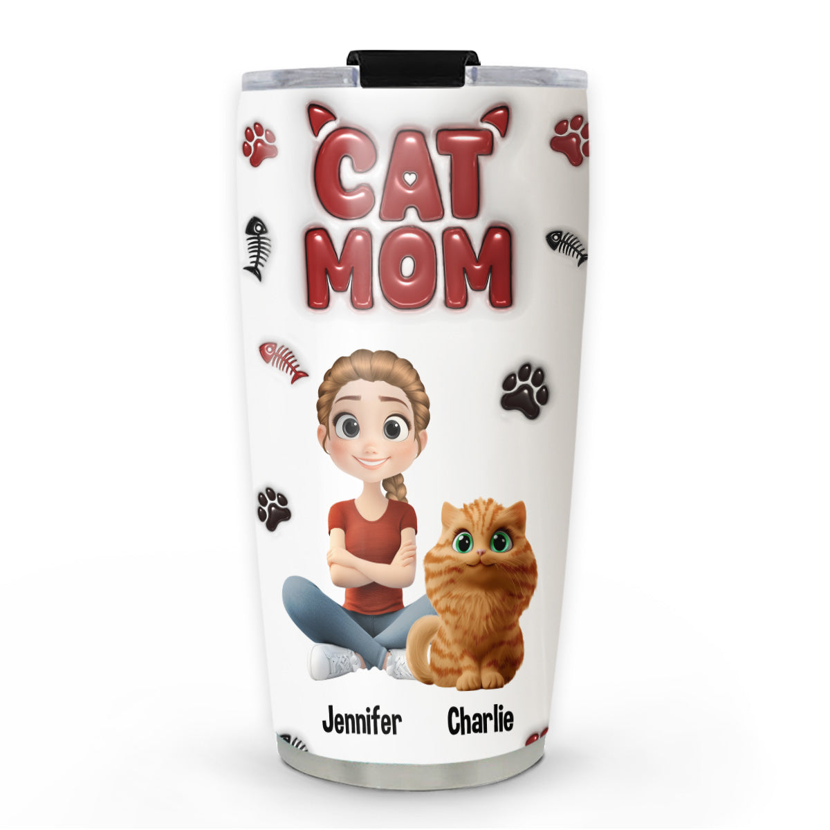 Charming Lovely Cat Mama Personalized Custom 3D Inflated Effect 20oz Stainless Steel Tumbler for All Occasions