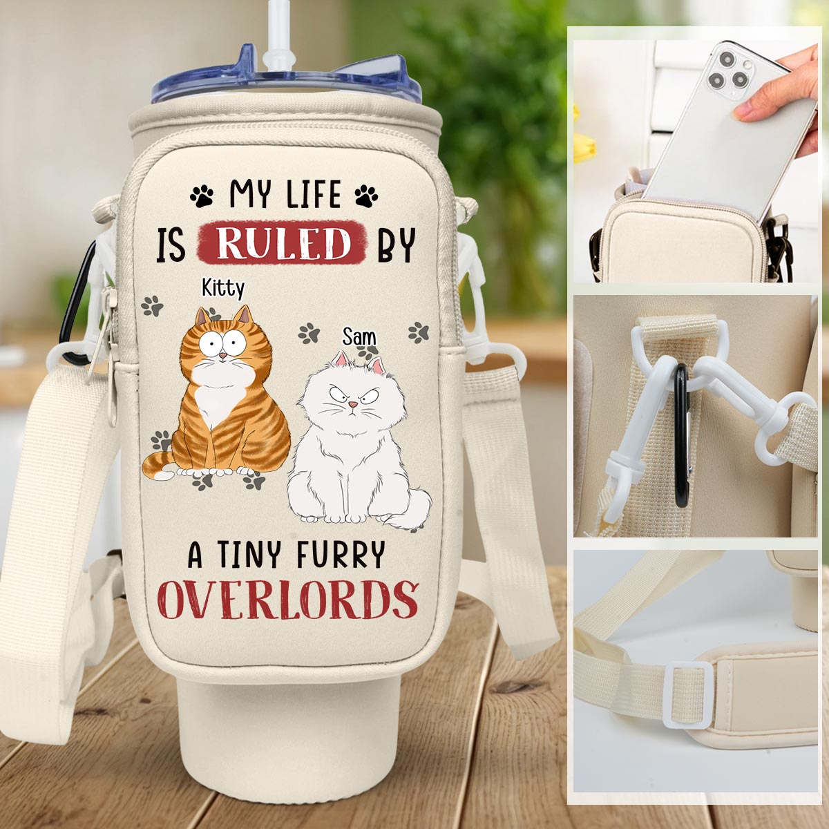 Tiny Furry Overlords - Premium Personalized Custom 40oz Water Bottle Carrier Bag for Daily Adventures