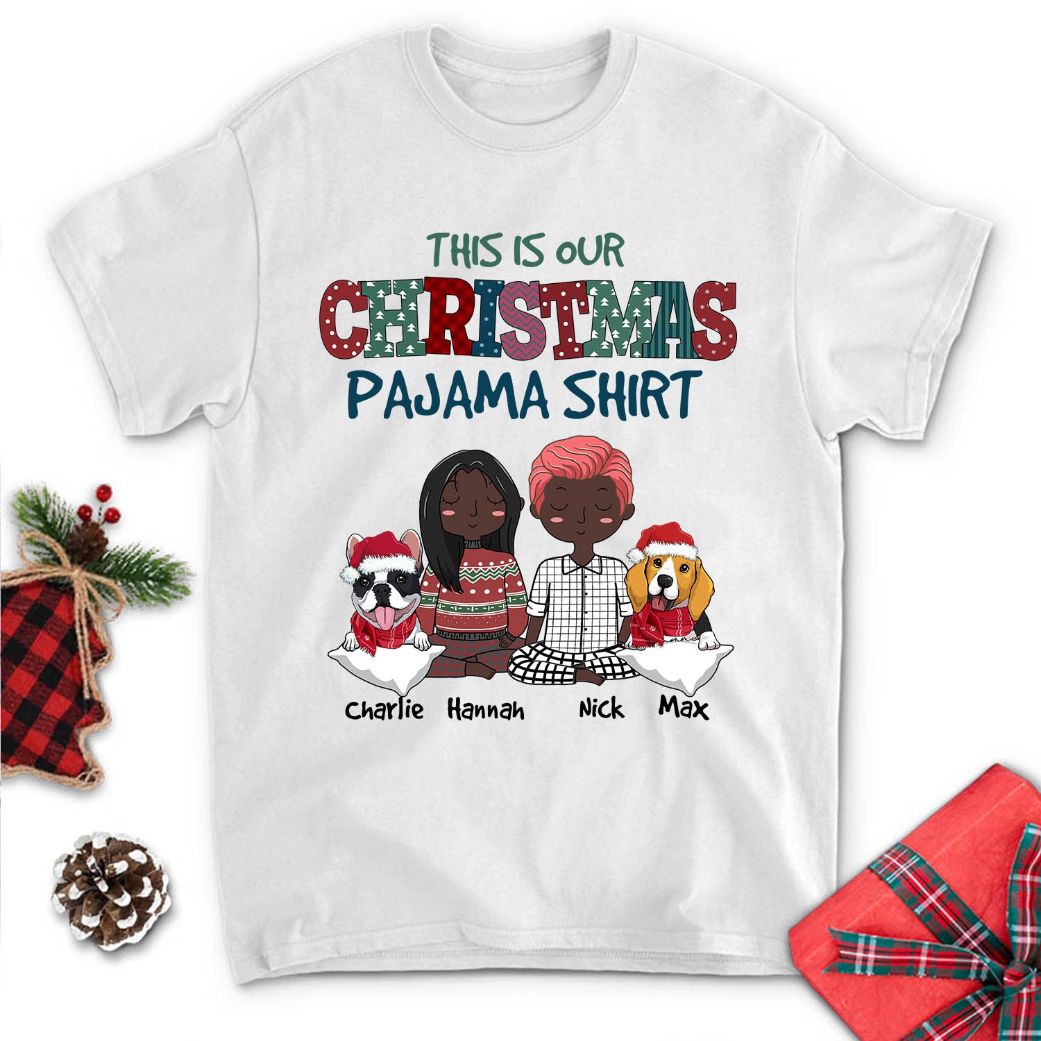 Customizable Christmas Pajama Shirt Couple - Personalized Unisex T-shirt for Pet Lovers