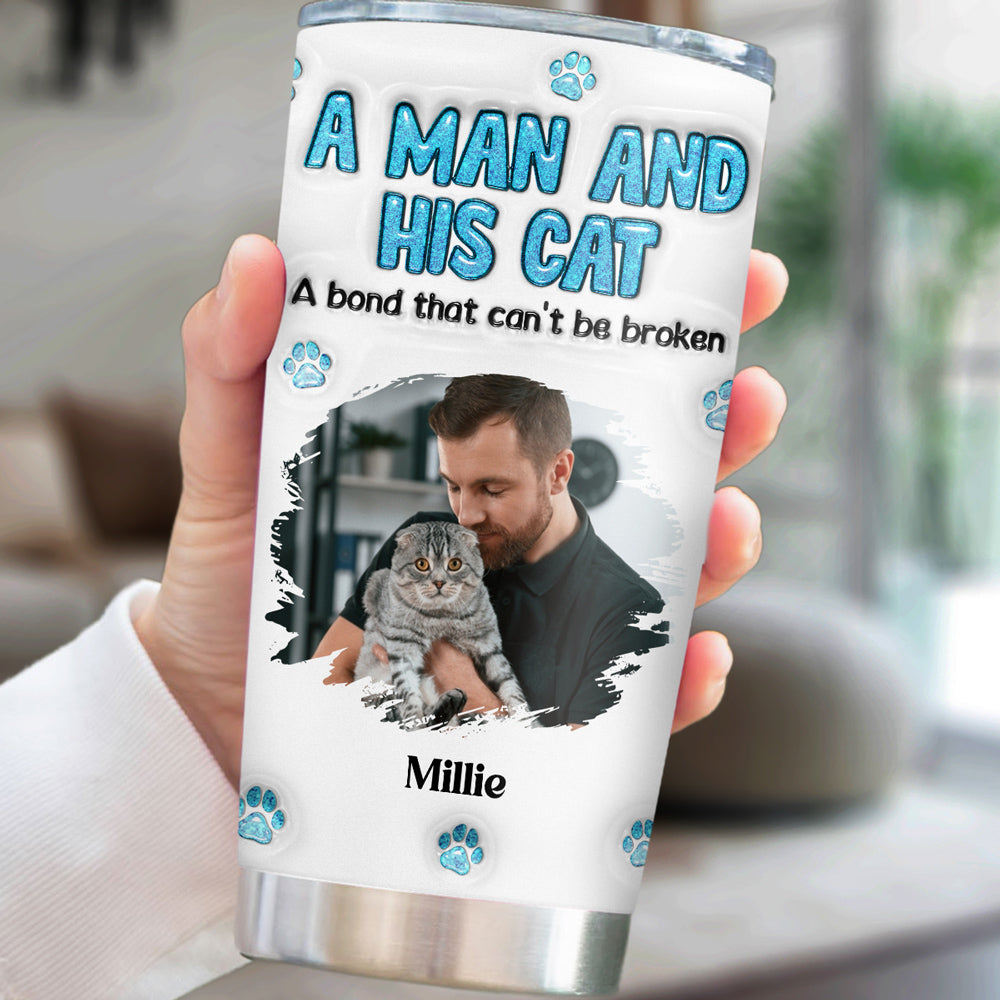 Personalized Custom 3D Inflated Effect Tumbler with A Man And His Cat Photo - High - Quality 20oz Stainless Steel Drinkware