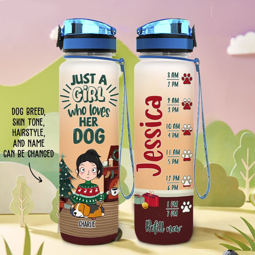 Personalized Custom Christmas Water Tracker Bottle - A Girl Loves Dog Design