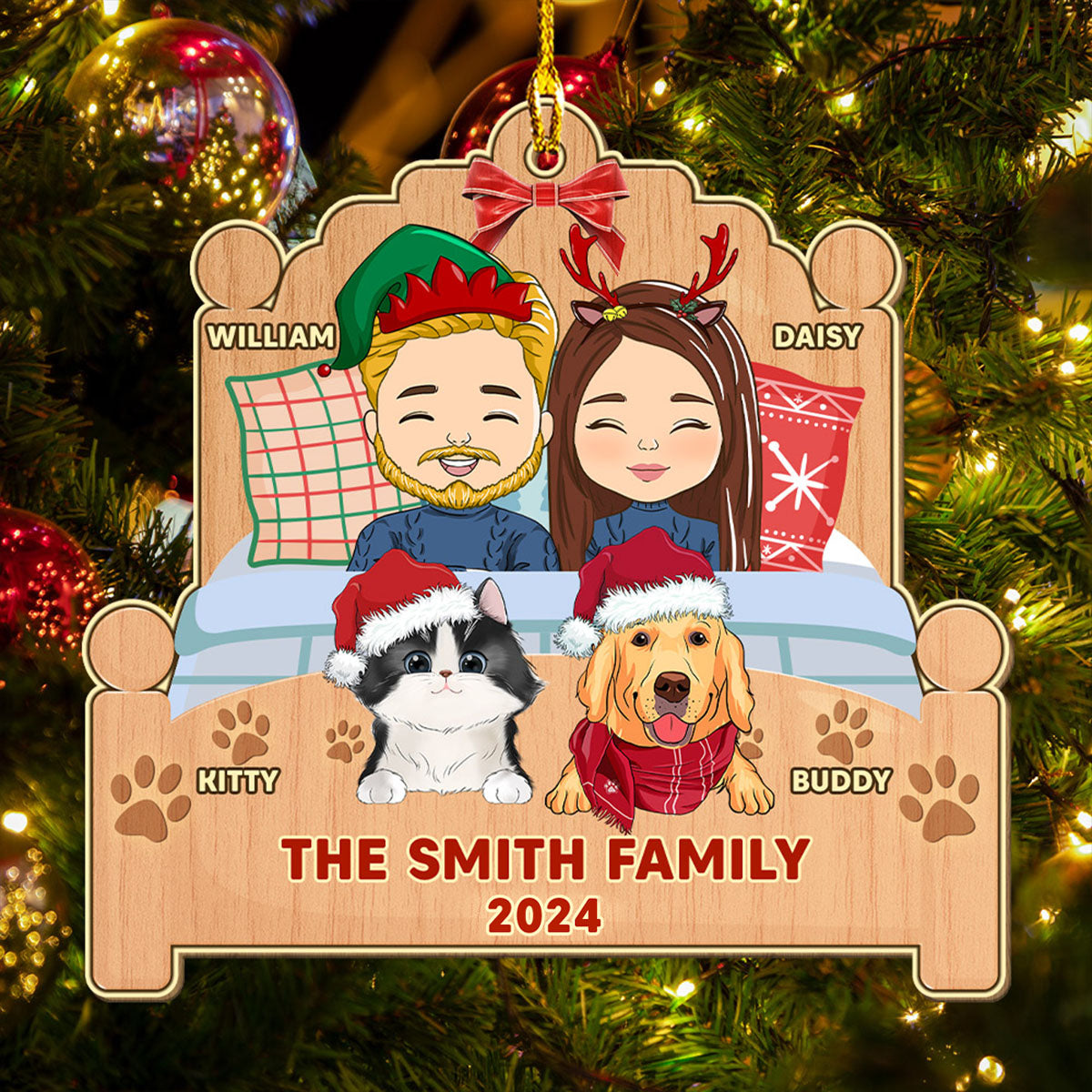 Happy Family With Pets - Exquisite Personalized Custom 1 - layered Wood Christmas Ornament