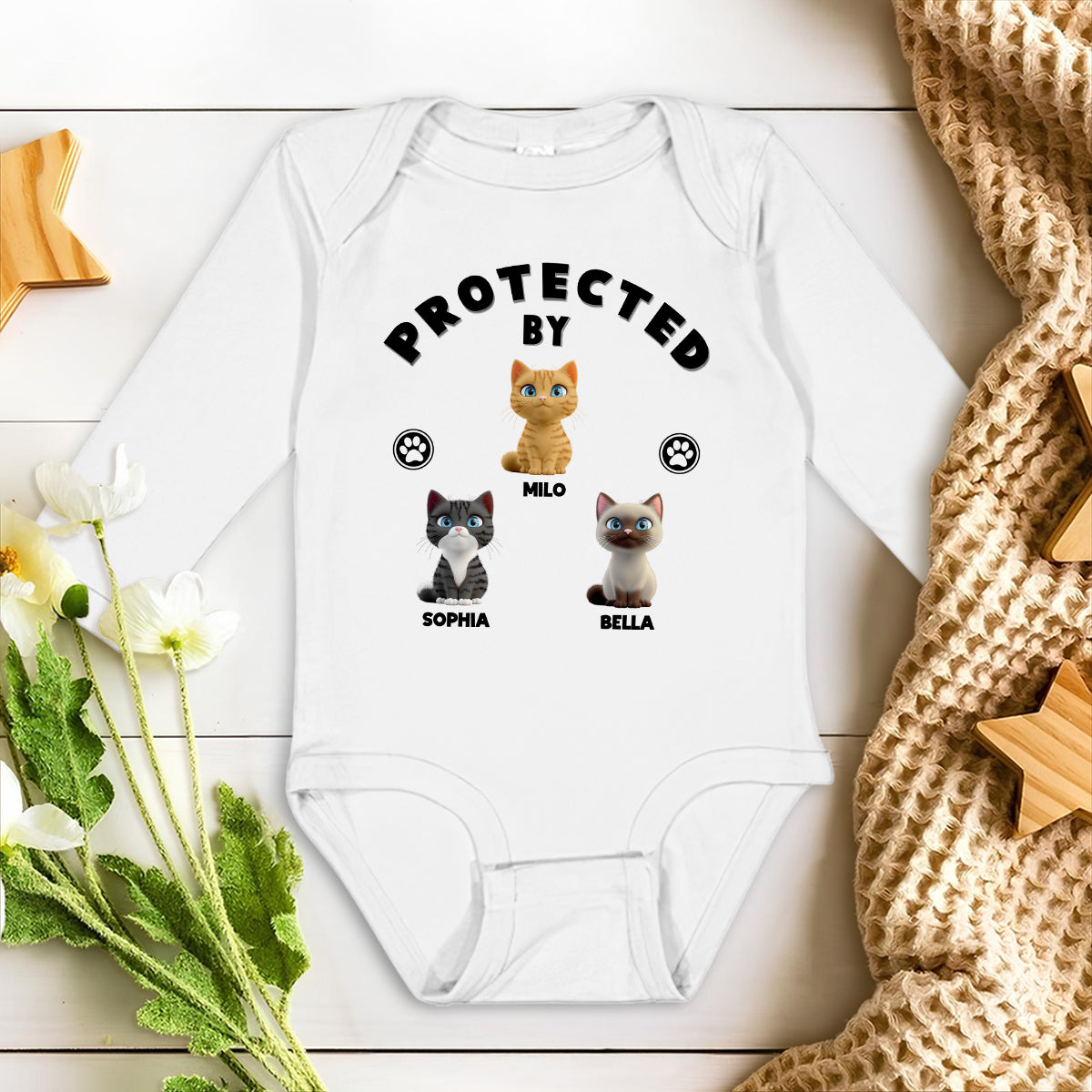 Adorable Personalized Custom Long Sleeve Baby Onesie with Human Protected By Cats Design