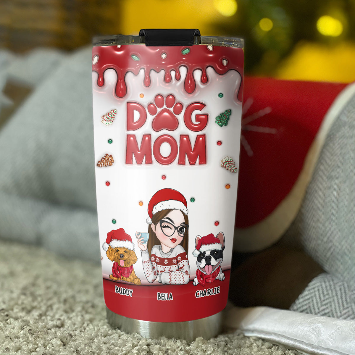 Dog Mom's Enchanting Christmas Cake - Personalized Custom 3D Inflated Effect 20oz Tumbler for All Occasions