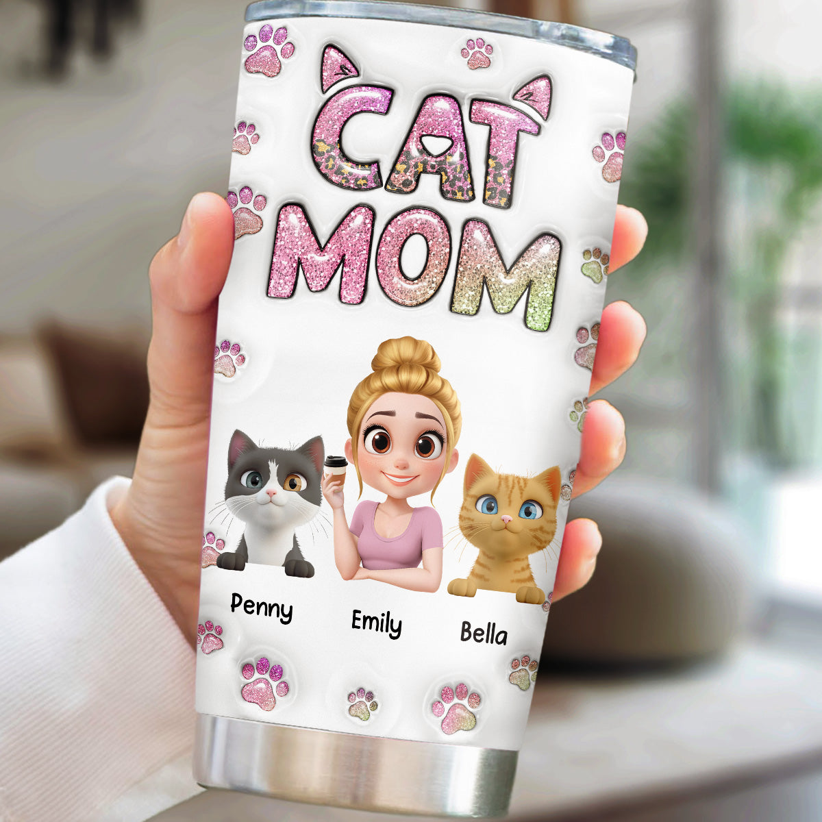 Adorable Cat Mom Chibi Version 2 Personalized Custom 3D Inflated Effect 20oz Stainless Steel Tumbler
