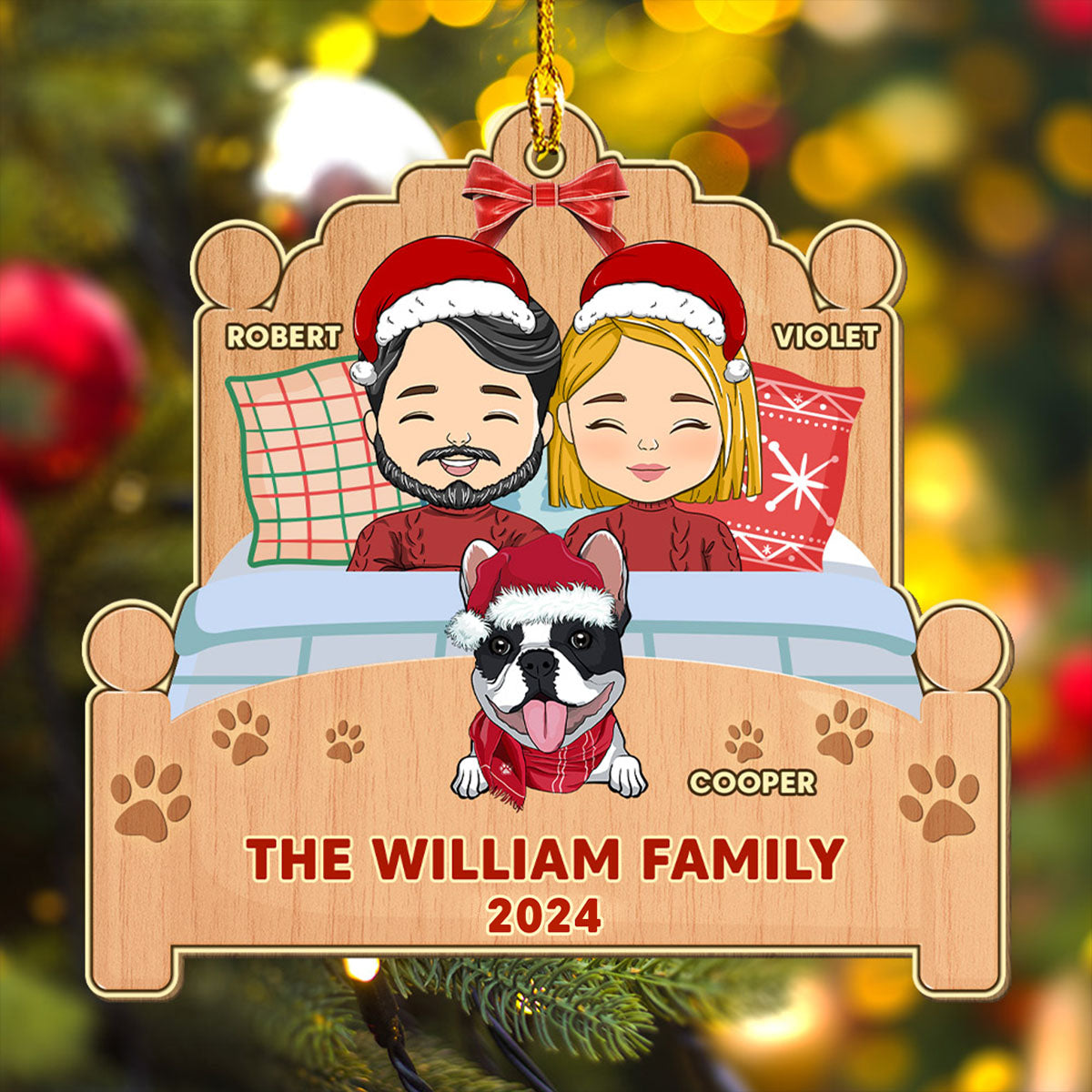 Happy Family With Pets - Exquisite Personalized Custom 1 - layered Wood Christmas Ornament